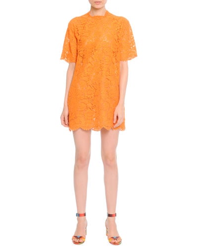 Valentino Short-Sleeve Lace Tunic Dress, Carrot