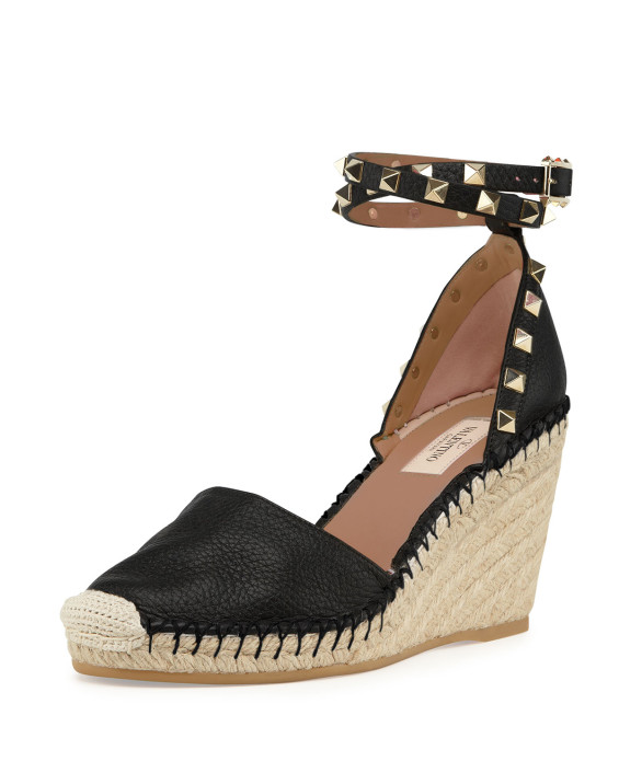 Valentino Rockstud Ankle-Wrap Espadrille Wedge, Black/Light Cuir
