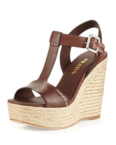 Prada T-Strap Rope Wedge Espadrille in Teak