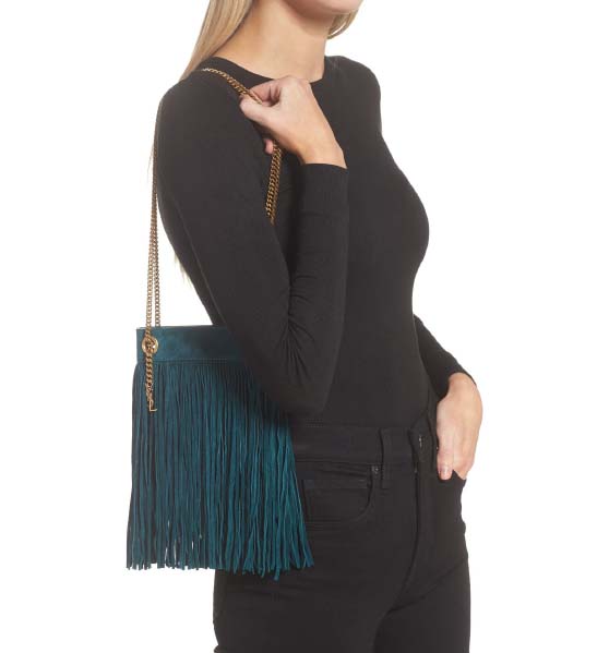Saint Laurent Small Grace Fringe Suede Hobo 4417 Sea Turquoise best fringe handbags