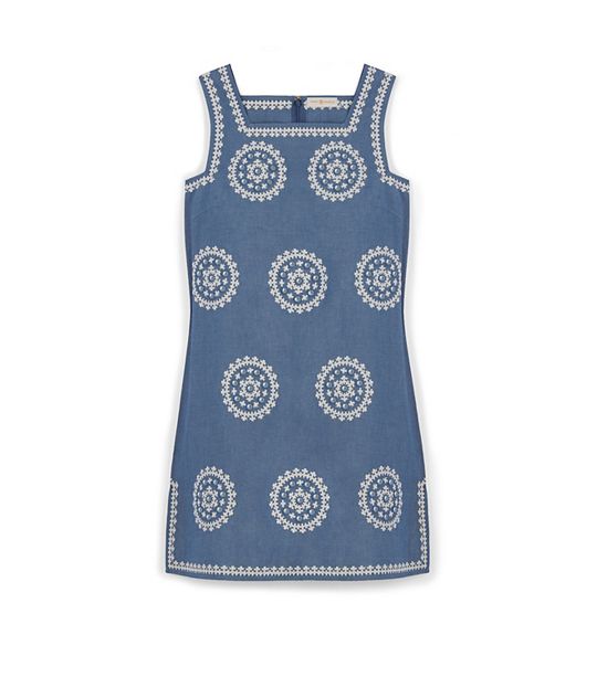 Tory Burch EMBROIDERED CHAMBRAY DRESS in Indigo Chambray/Ivory