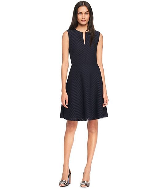 Tory Burch EYELET FLARE DRESS in Medium Navy