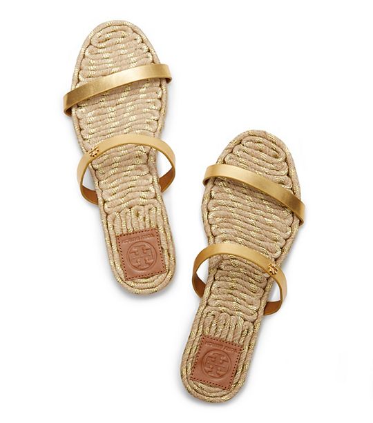 Tory Burch METALLIC TWO-BAND FLAT ESPADRILLE SLIDE in Gold 