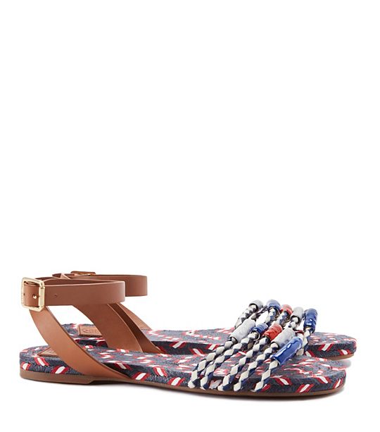 Tory Burch BRAIDED LEATHER FLAT SANDAL in Ivory-Tory Navy/Tory Navy