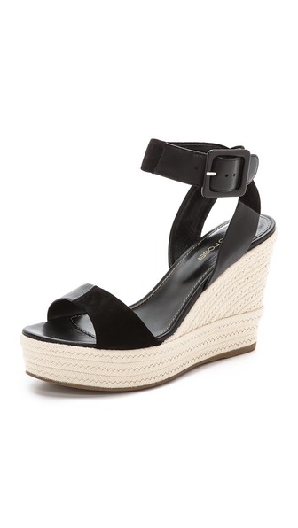 Sergio Rossi Wedge Espadrille Suede Sandals in Black