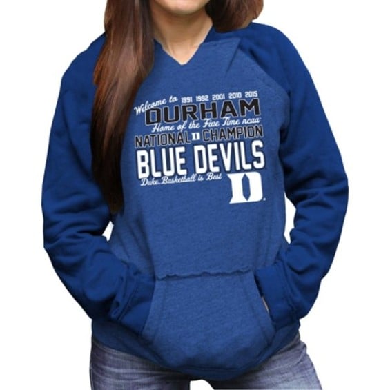Duke Blue Devils Women's Duke Blue 2015 NCAA Men's Basketball National Champions Two-Toned Pullover Hoodie Durham Home of the Five Time NCAA National Champion Dlue Devils. Duke Basketball Is Best.