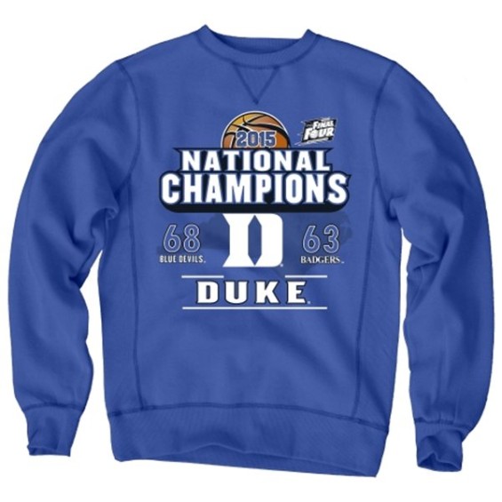 Duke Blue Devils Duke Blue 2015 NCAA Men's Basketball National Champions Duke Blue Devils 68 to Wisconsin Badgers 63 Score Sanded Fleece Sweatshirt
