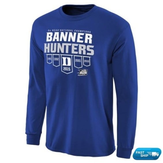 Duke Blue Devils Duke Blue 2015 NCAA Men's Basketball National Champions Banner Hunters 1991, 1992, 2001, 2010, 2015 Long Sleeve T-Shirt