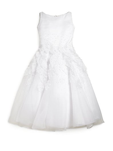 Joan Calabrese Girl's Beaded Leaf First Communion Dress in White Flower Girl Dresses