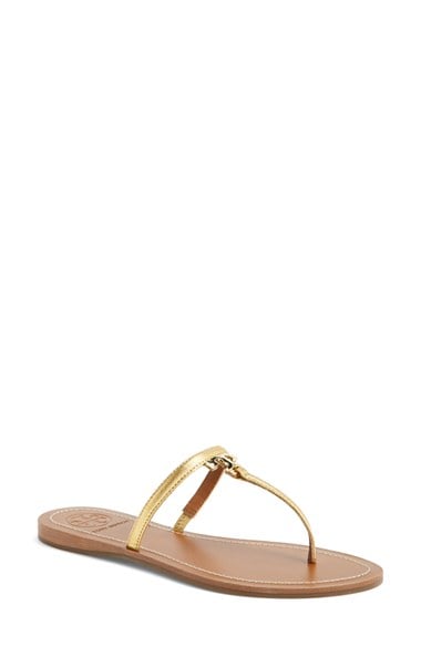 Tory Burch 'T' Logo Leather Thong Sandal (Women) in Gold (or silver not shown)