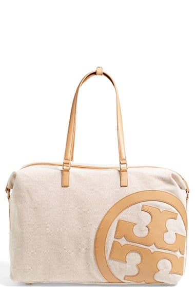 Tory Burch 'Lonnie' Canvas & Leather Logo Duffle Bag in Natural/Vachetta