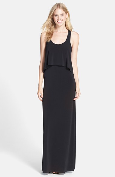 BCBGeneration Perforated Faux Leather Trim Popover Maxi Dress in Black