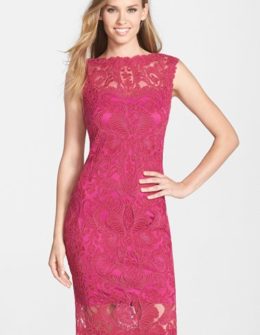 Tadashi Shoji Embroidered Tulle Illusion Sheath Dress in Rosette