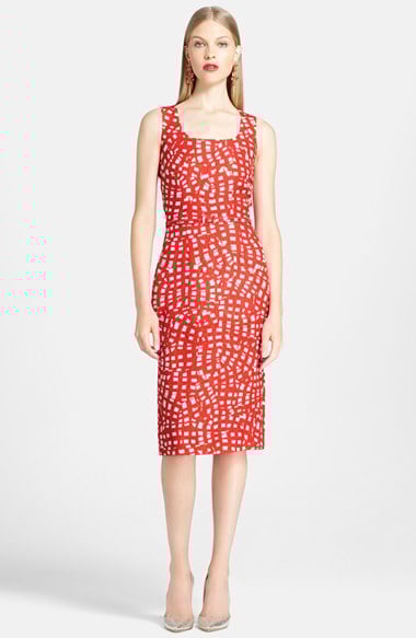 Oscar de la Renta Belted Jacquard Sheath Dress in Tomato/White