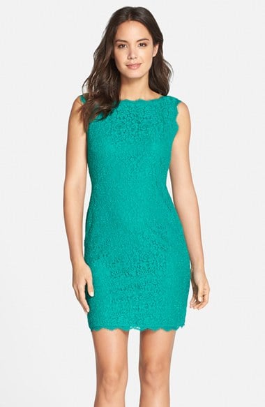 Adrianna Papell Boatneck Lace Sheath Dress (Regular & Petite) in Emerald Green