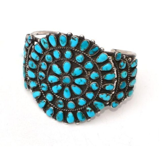 Vintage 1940s Zuni Three Cluster Turquoise Bracelet 