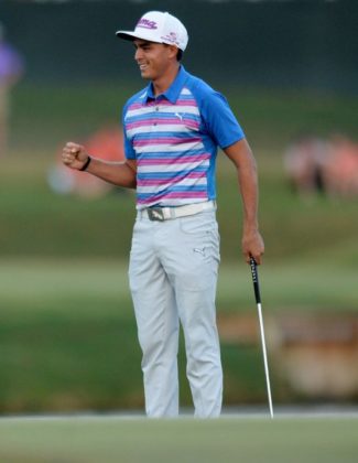 PGA Tour golfer Rickie Fowler won the 2015 Players Championship on Sunday, May 10th, 2015 in a Puma Golf Men's Gt Glitch Stripe Polo in Strong Blue! Photo credit: Jake Roth, USA Today Sports. Image courtesy of USA Today.