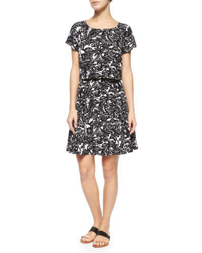 Joie Eley Hawaiian Floral-Print Popover Dress in Caviar and Porcelain