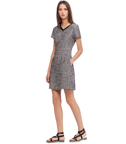 Tory Burch MARBLED TWEED V-NECK DRESS in White/Black/Tory Navy C