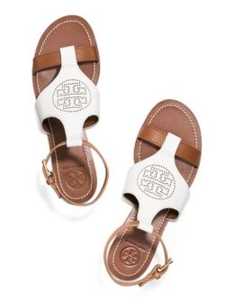 Tory Burch PERFORATED LOGO FLAT SANDAL in Ivory/Royal Tan