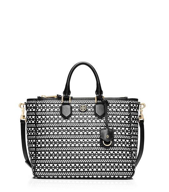 Tory Burch ROBINSON WOVEN SQUARE TOTE in Black and White