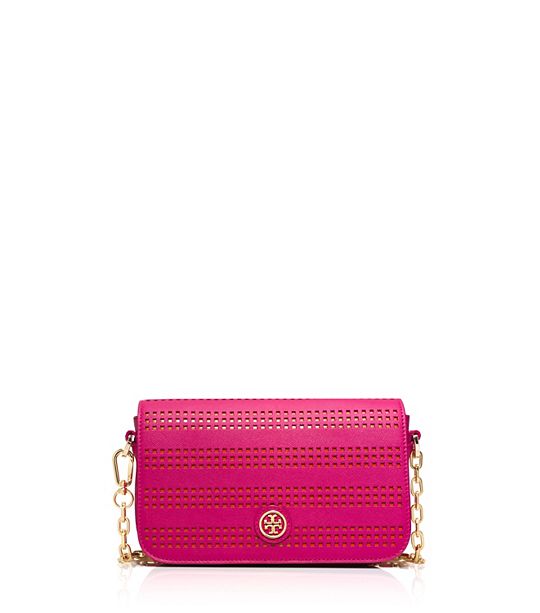 Tory Burch ROBINSON PERFORATED ADJUSTABLE SHOULDER BAG in Carnation Red/Poppy Coral