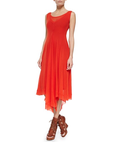 Fuzzi Scoop-Neck Dress with Flowy Skirt in Fiamma Orange