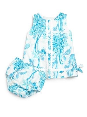 Lilly Pulitzer Kids Infant's Back It Up Peacock Dress & Bloomers Set in Shorely White-Blue