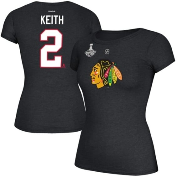 Reebok Duncan Keith Chicago Blackhawks Women's Black 2015 Stanley Cup Champions Name & Number T-Shirt