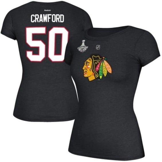 Reebok Corey Crawford Chicago Blackhawks Women's Black 2015 Stanley Cup Champions Name & Number T-Shirt