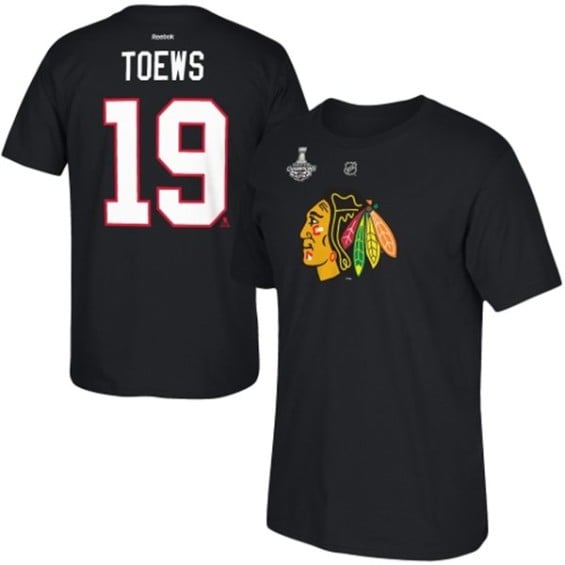 Reebok Jonathan Toews Chicago Blackhawks Black 2015 Stanley Cup Champions Name & Number T-Shirt