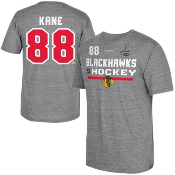 Reebok Patrick Kane Chicago Blackhawks Gray 2015 Stanley Cup Champions Center Ice Name & Number Tri-Blend T-Shirt
