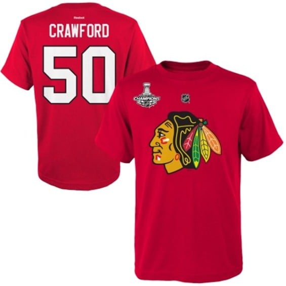 Reebok Corey Crawford Chicago Blackhawks Youth Red 2015 Stanley Cup Champions Name & Number T-Shirt