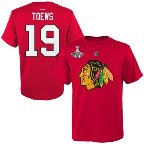 Jonathan Toews Chicago Blackhawks Reebok Youth Red 2015 Stanley Cup Champions Name & Number T-Shirt