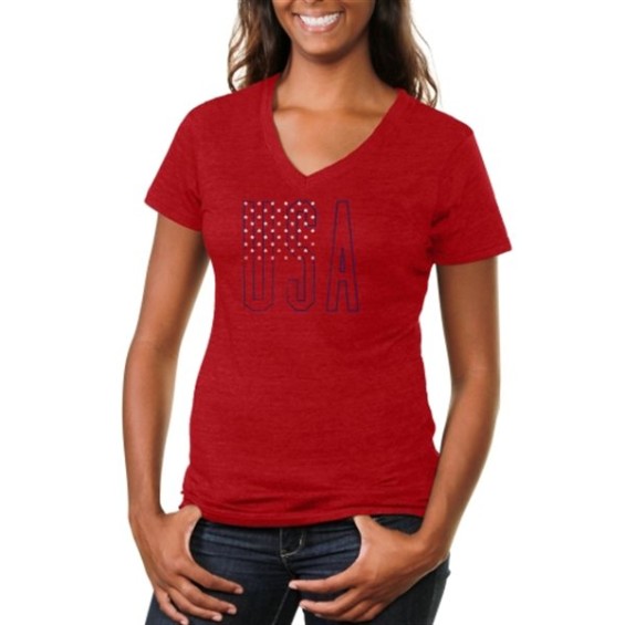 USA Women's Flag Tri-Blend V-Neck T-Shirt - Red