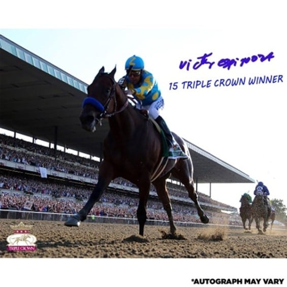 Steiner Sports Victor Espinoza American Pharoah Autographed 16'' x 20'' Belmont Stakes Horizontal Photograph with 15 Triple Crown Winner Inscription