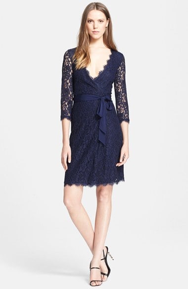 Diane von Furstenberg 'Julianna' Three Quarter Sleeve Lace Wrap Dress in Midnight Blue
