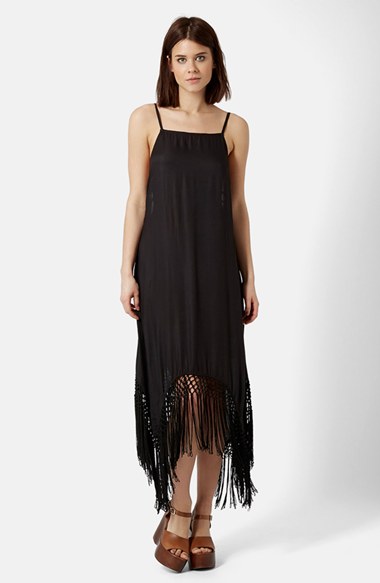 Topshop Fringe Maxi Slipdress in Black boho dresses
