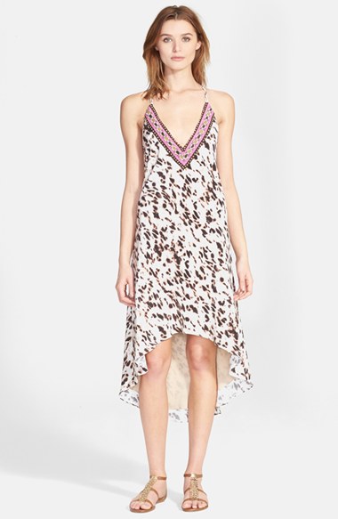 Haute Hippie Embellished Neck Animal Print Silk Dress in Buff Multi