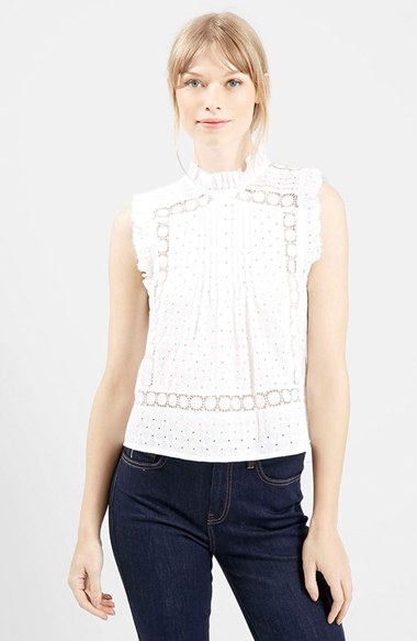 Topshop 'Victoriana' Embroidered Shell Top in White