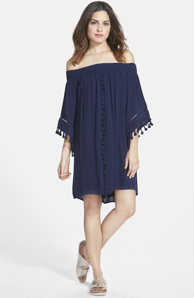 Fire Tassel Trim Off the Shoulder Dress (Juniors) in Navy Blue
