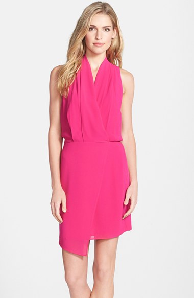 Adelyn Rae Layered Crepe Faux Wrap Dress in Fuchsia