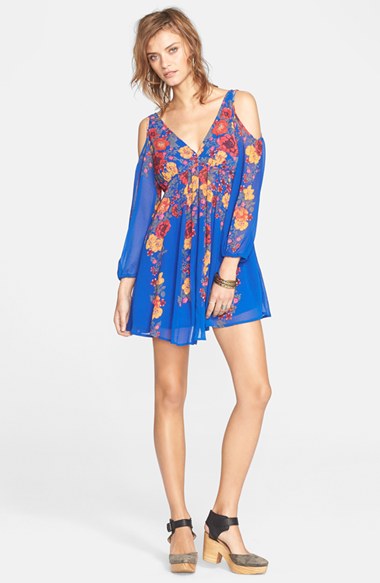 Free People 'Penny Lover' Chiffon Cold Shoulder Mini Dress in Cobalt