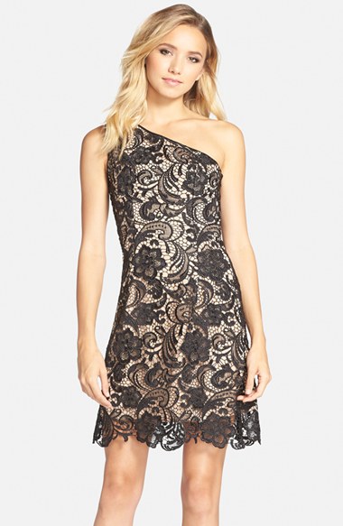 Dress the Population 'Isabella' One-Shoulder Lace Sheath Dress in Black and Nude