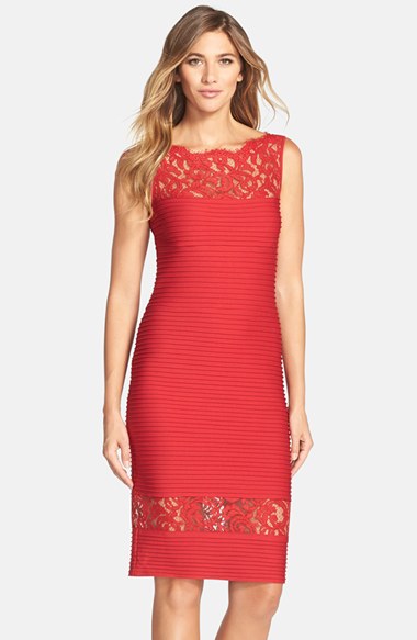 Tadashi Shoji Ribbed Lace Sheath in Deep Red