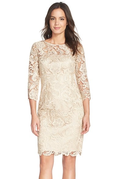Adrianna Papell Illusion Yoke Guipure Lace Sheath Dress in Champagne