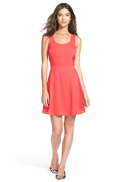 CREAM AND SUGAR Lace Side Fit & Flare Dress in Coral