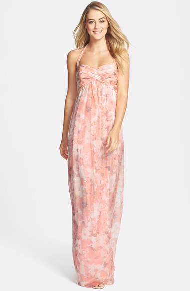 Amsale Print Crinkled Silk Chiffon Halter Gown in Shell