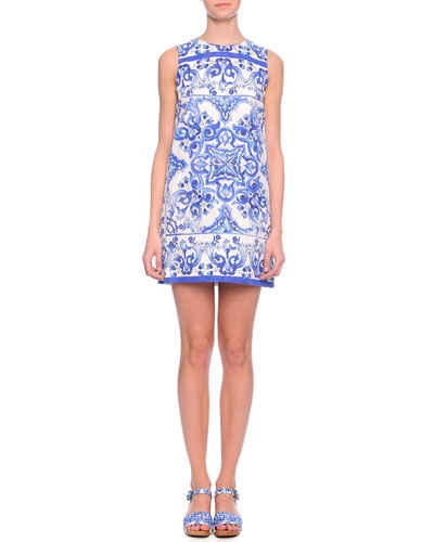 Dolce & Gabbana Tile Print Shift Dress in Blue and White