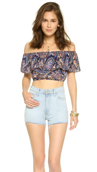 Glamorous Ruffle Paisley Print Crop Top in Red and Navy